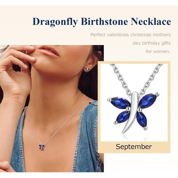 Dainty Sterling Silver Gold Plated Birthstone Necklace Women Dragonfly Pendant 1 - Picture 6 of 8